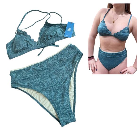 NEW Cupshe SWIMSUIT Women's BIKINI Set MED Scalloped Cross Back High Waist Green - Picture 11 of 15